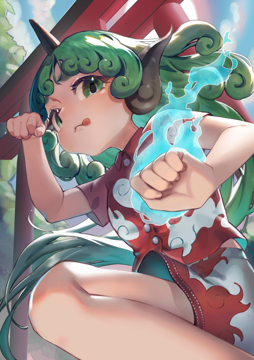 1girl :p absurdres blush buttons clenched_hands cloud cloud_print collared_shirt curly_hair day flaming_hand from_below green_eyes green_hair hand_up highres horns kariyushi_shirt komano_aunn long_hair looking_at_viewer outdoors red_shirt shirt short_sleeves shorts single_horn solo squatting sun teruteru_(teru_teru) thick_eyebrows tongue tongue_out torii touhou tree unfinished_dream_of_all_living_ghost very_long_hair white_shorts