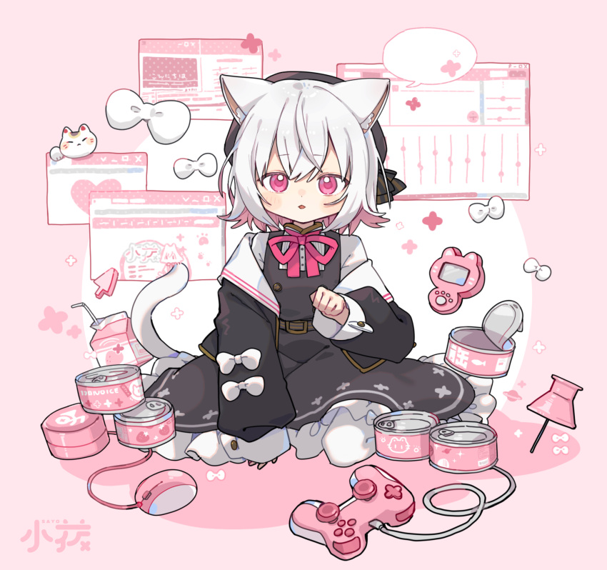 1girl animal_ear_fluff animal_ears arm_support beret black_dress black_headwear black_jacket blank_speech_bubble blush bow carton cat_ears cat_girl cat_tail character_name chestnut_mouth coefont colored_inner_hair commentary commentary_request controller cursor dress flipped_hair game_controller grey_hair hand_up hat highres jacket jacket_partially_removed logo long_sleeves looking_at_viewer maneki-neko medium_hair mouse_(computer) multicolored_hair neck_ribbon official_art open_can open_mouth pantyhose pet_food pinafore_dress pink_background pink_eyes pink_hair pink_ribbon pink_theme puffy_long_sleeves puffy_sleeves ribbon sayo_(voicevox) sayonaka_megumo second-party_source shirt sitting sleeve_bow sleeveless sleeveless_dress solo speech_bubble symbol-only_commentary tail thumbtack two-tone_background user_interface voicevox white_background white_bow white_pantyhose white_shirt window_(computing)