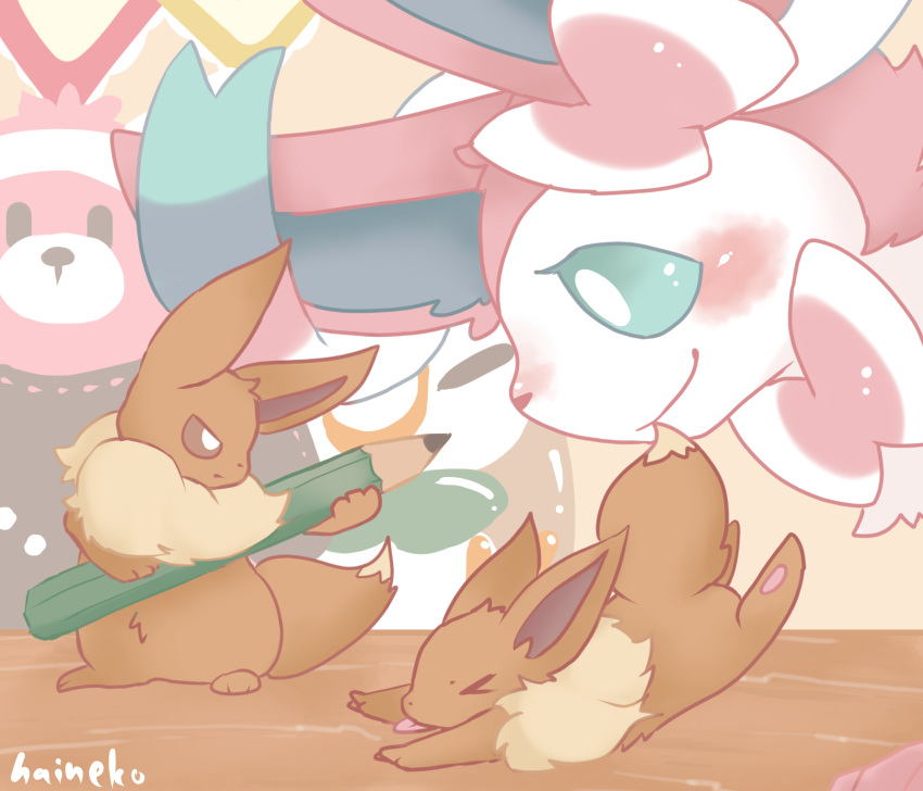 &gt;_&lt; 2017 3_toes ambiguous_gender blep blue_eyes blue_inner_ear blush bow_(feature) brown_body brown_ears brown_eyes brown_fur brown_tail canid colored digital_media_(artwork) dipstick_tail ear_bow eevee eeveelution eye_contact eyes_closed feet feral fluffy fur furniture generation_1_pokemon generation_6_pokemon glare grey_inner_ear group hi_res holding_object holding_pencil kemono looking_at_another mammal markings micro monotone_ears multicolored_body multicolored_fur multicolored_tail neck_bow neck_tuft nemesia/haineko nintendo no_sclera on_hind_legs on_table pawpads pencil_(object) pink_body pink_ears pink_fur pink_pawpads plushie pokemon pokemon_(species) pupils quadruped ribbons ruff side_view smile standing sylveon table tail tail_markings tan_body tan_fur tan_tail tan_tail_tip toes tongue tongue_out trio tripping tuft two_tone_body two_tone_fur two_tone_tail white_body white_fur white_pupils