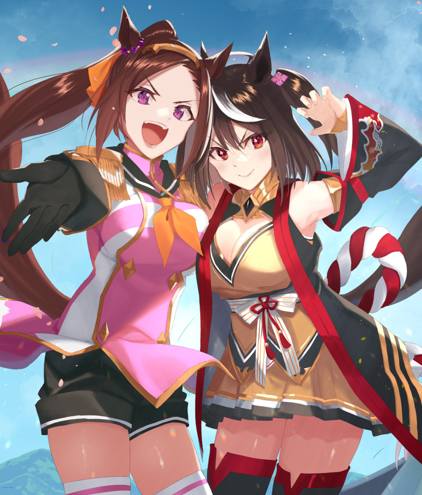 2girls :d ahoge animal_ears asymmetrical_docking black_gloves black_hair black_shorts black_thighhighs breast_press breasts brown_hair brown_skirt buttons cleavage_cutout clothing_cutout cowboy_shot detached_sleeves double-breasted epaulettes flower_in_eye flower_ornament gloves hair_between_eyes hair_ornament highres horse_ears horse_girl horse_tail kabocha_(monkey4) kitasan_black_(umamusume) large_breasts long_hair looking_at_viewer multicolored_hair multiple_girls neckerchief orange_neckerchief pleated_skirt ponytail purple_eyes red_eyes sailor_collar sakura_bakushin_o_(umamusume) short_hair shorts skirt smile streaked_hair swept_bangs symbol_in_eye tail thighhighs two-tone_hair umamusume white_hair white_thighhighs zettai_ryouiki