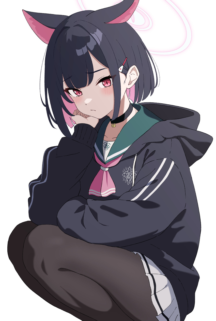1girl absurdres animal_ears black_choker black_hair black_jacket black_pantyhose blue_archive blush cat_ears choker closed_mouth colored_inner_hair feet_out_of_frame green_sailor_collar hair_ornament hairclip halo highres hood hooded_jacket jacket kazusa_(blue_archive) long_sleeves looking_at_viewer multicolored_hair pantyhose pink_hair pink_halo pogeepoge red_eyes sailor_collar short_hair simple_background solo squatting white_background