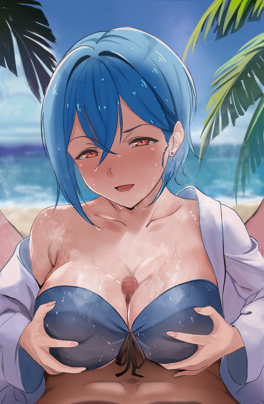 1boy 1girl absurdres beach bikini blue_bikini blue_hair breasts breasts_squeezed_together censored commentary_request earrings hetero highres horai_sennkyo jewelry large_breasts looking_at_viewer love_live! love_live!_superstar!! mosaic_censoring open_mouth outdoors paizuri paizuri_under_clothes palm_leaf penis pov red_eyes shirt short_hair stud_earrings swimsuit wakana_shiki wet white_shirt