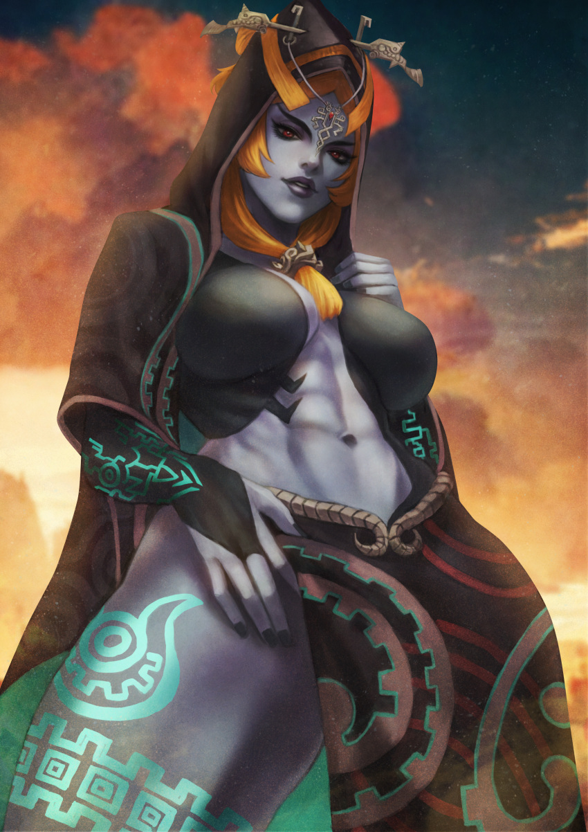 1girl abs absurdres arm_tattoo black_nails black_skin breasts breasts_apart cloud colored_skin cowboy_shot english_commentary eyelashes fingernails forehead_jewel from_below front_ponytail grey_skin hand_up highres hood hood_up jewelry large_breasts leg_tattoo light_smile lips long_hair looking_down midna midna_(true) monori_rogue multicolored_skin navel no_nipples open_clothes orange_hair outdoors paid_reward_available parted_lips red_eyes skirt sky solo stomach tattoo the_legend_of_zelda the_legend_of_zelda:_twilight_princess thighs toned twilight