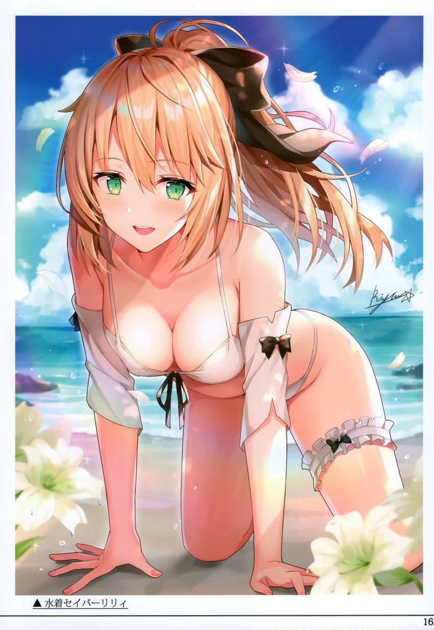 1girl absurdres all_fours artist_name artoria_pendragon_(fate) bare_shoulders blonde_hair blue_sky blush bow bowtie breasts cleavage cloud cloudy_sky collarbone day fate/grand_order fate_(series) fingernails flower green_eyes hair_bow highres long_hair medium_breasts ocean open_mouth outdoors petals ponytail ribbon rin_yuu saber_lily scan signature simple_background sky smile solo sunlight teeth thigh_strap thighs upper_teeth_only water water_drop