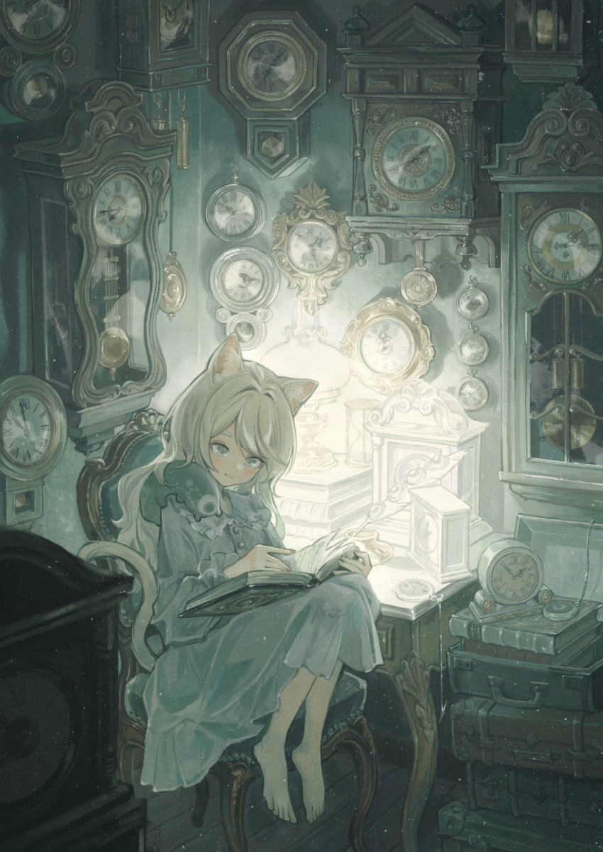 1girl analog_clock animal_ear_fluff animal_ears barefoot book book_stack buttons cat_ears cat_girl cat_tail chair clock closed_mouth commentary_request creature creature_on_shoulder desk feet_on_chair frilled_shirt_collar frilled_sleeves frills grey_eyes hair_intakes highres holding holding_book hourglass indoors inkwell kerosene_lamp knees_up light_blush light_particles light_smile long_hair long_sleeves looking_down nightgown on_chair on_shoulder open_book original pendulum_clock plantar_flexion pocket_watch popepopo999 quill reading roman_numeral sitting solo suitcase swept_bangs tail too_many too_many_clocks wall_clock watch wavy_hair white_hair wooden_floor