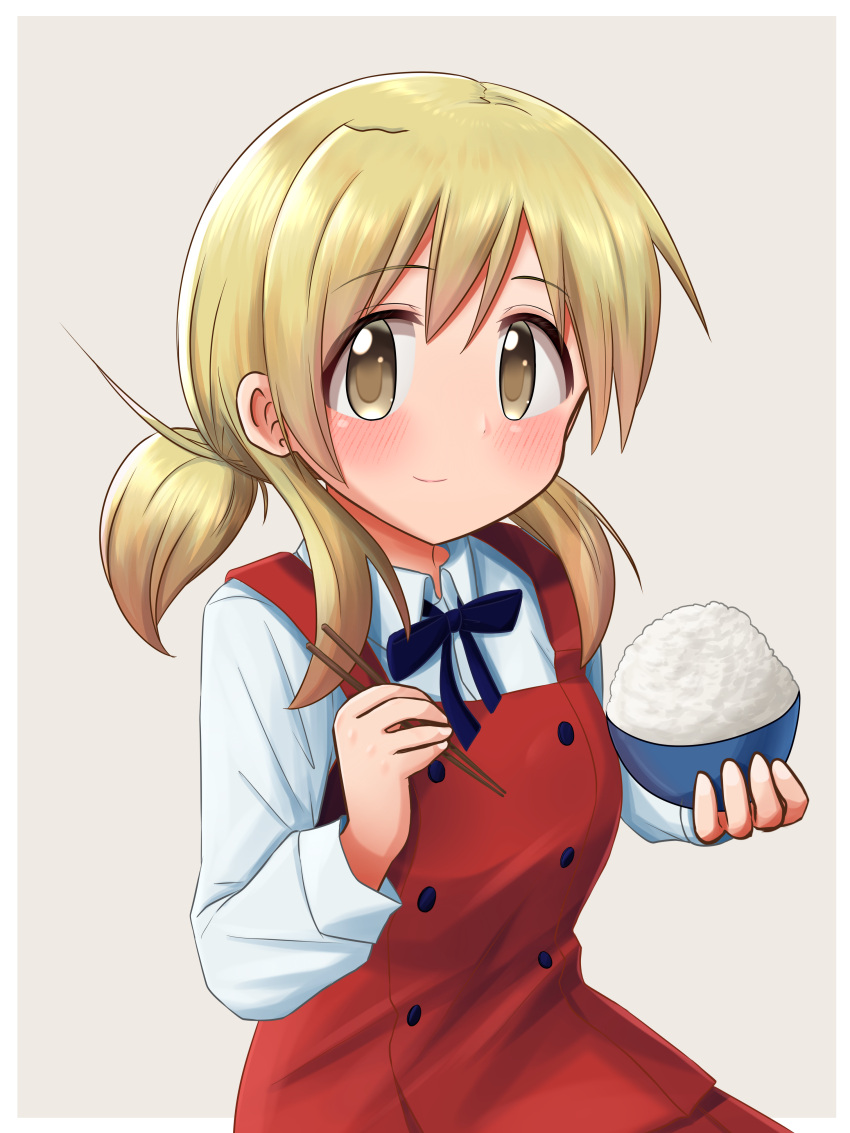 1girl absurdres blonde_hair blush bowl chopsticks closed_mouth food hidamari_sketch highres looking_at_viewer manga_time_kirara miyako_(hidamari_sketch) rice rice_bowl school_uniform simple_background smile uniform vietneko yamabuki_high_school_uniform yellow_eyes