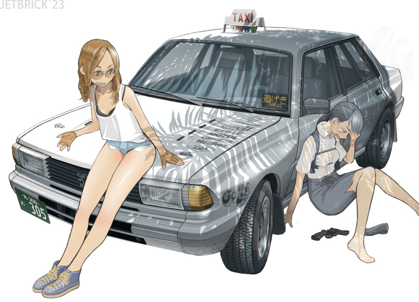 2girls black_bra black_hair bra brown_hair car earpiece fingerless_gloves gloves gun holster jettoburikku long_hair motor_vehicle multiple_girls original panties panty_peek pencil_skirt peugeot ponytail revolver shoes shoes_removed short_shorts shorts shoulder_holster simple_background sitting skirt sunglasses sweat taxi underwear weapon white_background