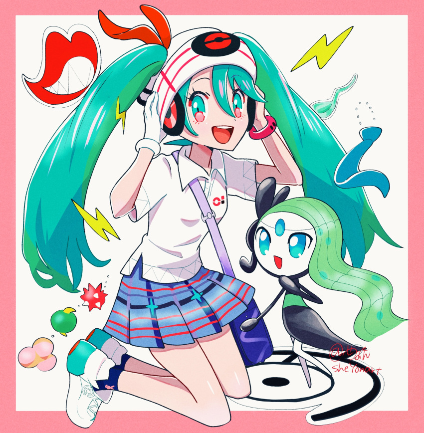 1girl :d absurdres aqua_hair bag beanie berry_(pokemon) blue_bag blue_eyes blue_socks border bracelet collared_shirt commentary_request full_body gloves green_hair hair_between_eyes hair_ribbon hands_on_headphones hands_up hat hatsune_miku headphones highres jewelry kneeling lightning_bolt_symbol long_hair looking_at_viewer meloetta meloetta_(aria) multicolored_hair musical_note open_mouth pink_border plaid plaid_skirt pleated_skirt pokemon pokemon_(creature) polo_shirt project_voltage psychic_miku_(project_voltage) red_ribbon ribbon sheyona shirt shoes short_sleeves shoulder_bag single_glove sitting skirt smile sneakers socks solo twintails very_long_hair vocaloid white_footwear white_gloves white_headwear white_shirt