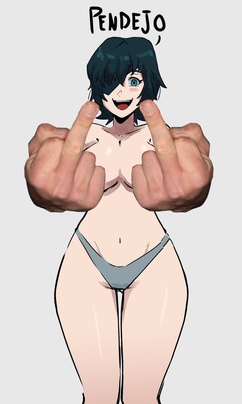 1girl absurdres aneurysm_ax black_hair blue_eyes blush breasts chainsaw_man eyepatch grey_background highres hime_cut himeno_(chainsaw_man) large_breasts looking_at_viewer middle_finger open_mouth short_hair simple_background smile solo wide_hips