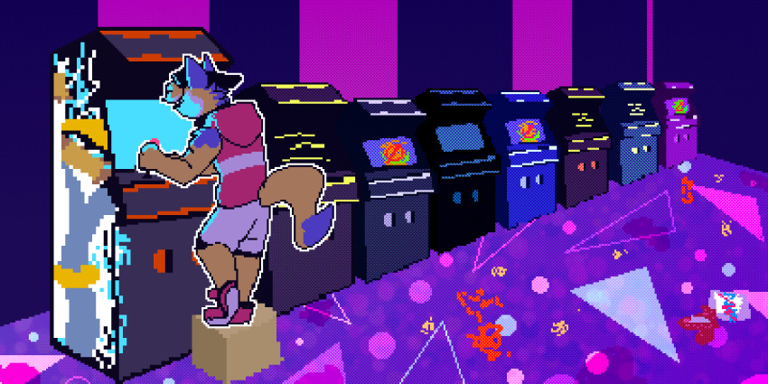 2:1 animated anthro arcade arcade_machine canid canine canis clothing coyote digital_media_(artwork) fizzyjay hi_res jay_(fizzyjay) male mammal pixel_(artwork) pixel_animation short_loop short_playtime solo
