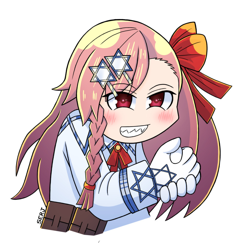 1girl artist_name bow girls'_frontline gloves grin hair_bow hair_ornament hexagram highres israel long_hair meme negev_(girls'_frontline) one_side_up open_mouth palms_together pink_hair racism red_bow rubbing rubbing_hands_together serjatronic simple_background smile solo star_of_david white_background white_gloves