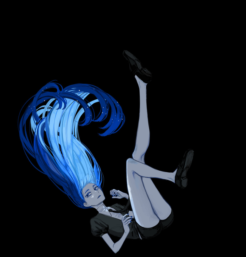 1other absurdres androgynous bare_legs black_background black_footwear black_necktie blue_eyes blue_hair blue_nails blunt_bangs crystal_hair falling floating_hair from_side full_body gem_uniform_(houseki_no_kuni) highres houseki_no_kuni iciriini lapis_lazuli_(houseki_no_kuni) leg_up light_particles loafers long_hair looking_at_viewer necktie other_focus puffy_short_sleeves puffy_sleeves shoe_soles shoes short_sleeves simple_background solo straight_hair very_long_hair