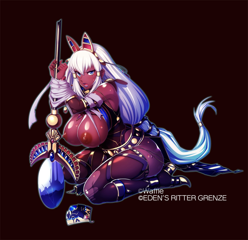 1girl blue_eyes blue_lips breasts character_name cleavage dark-skinned_female dark_skin eden's_ritter_grenze gold_footwear high_heels highres large_breasts long_hair looking_at_viewer mikoyan nipples open_mouth seiza sitting solo staff teeth torn_clothes very_long_hair white_hair