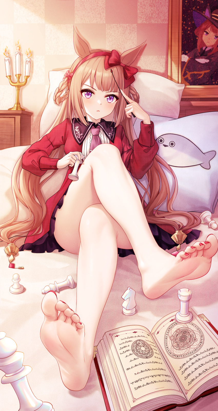 1girl absurdres alternate_costume barefoot bishop_(chess) board_game book brown_hair chess chess_piece commentary_request dress ear_bow ear_covers feet fish hair_rings hairband hat highres holding_chess_piece horse_girl kazamatsuri_honatsu long_hair long_sleeves nail_polish necktie on_bed pawn_(chess) pillow purple_eyes purple_necktie red_dress red_hairband red_nails soles solo sweep_tosho_(umamusume) toenail_polish toenails toes umamusume very_long_hair witch_hat