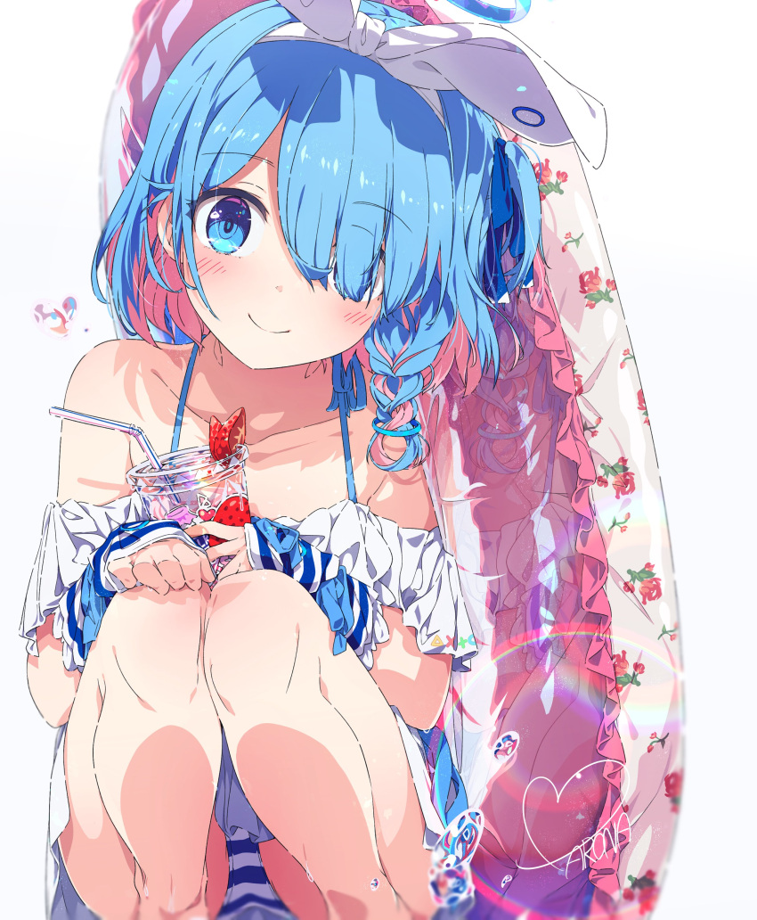1girl absurdres arona_(blue_archive) bikini blue_archive blue_eyes blue_hair frilled_bikini frills hairband highres inflatable_toy multicolored_hair ogipote panties smile solo squatting striped striped_panties swimsuit two-tone_hair underwear