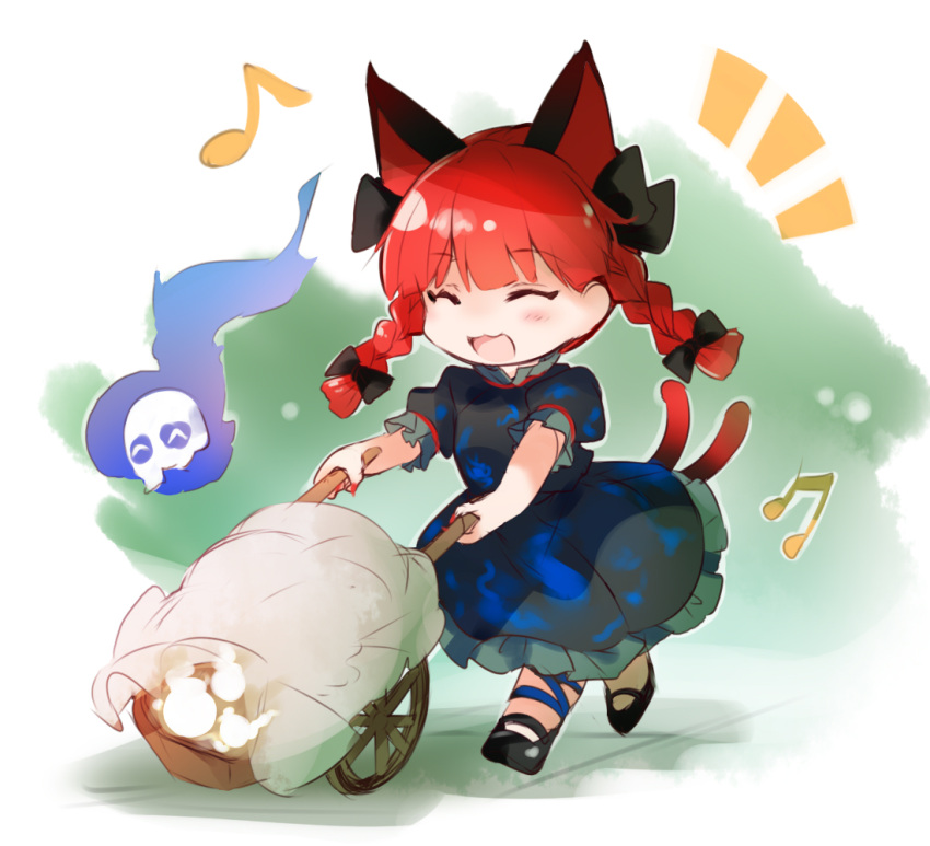 1girl animal_ears black_footwear black_ribbon cat_ears cat_tail closed_eyes commentary_request dress extra_ears fingernails full_body green_dress hair_ribbon hitodama kaenbyou_rin kutsuki_kai long_fingernails multiple_tails musical_note open_mouth red_hair red_nails ribbon short_sleeves solo tail touhou two_tails wheelbarrow