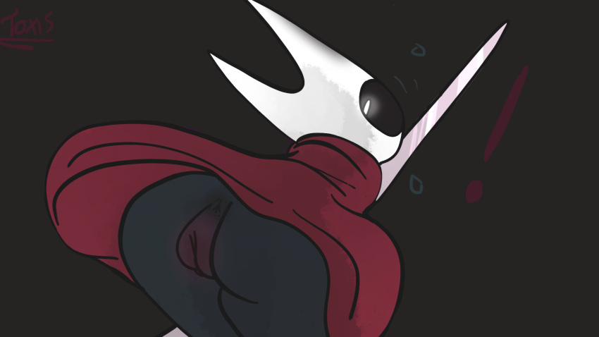 anthro anus arthropod big_butt bottomwear butt clothed clothing clothing_lift drawing exclamation_point female genitals half_naked hi_res hollow_knight hornet_(hollow_knight) humanoid looking_back mask no_underwear presenting pussy shocked simple_background skirt skirt_lift solo team_cherry thick_thighs toxis weapon