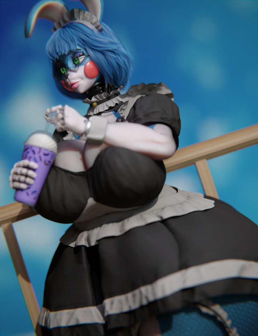 2023 3d_(artwork) absurd_res anthro big_breasts blue_body blue_hair breasts clothing digital_media_(artwork) dress eyewear female fingers fishnet fishnet_legwear five_nights_at_freddy's five_nights_at_freddy's_2 glasses green_eyes grimace_birthday_shake hair hi_res lagomorph legwear leporid lips machine mammal pink_lips rabbit robot scottgames solo sunr4y toy_bonnie_(fnaf) white_body