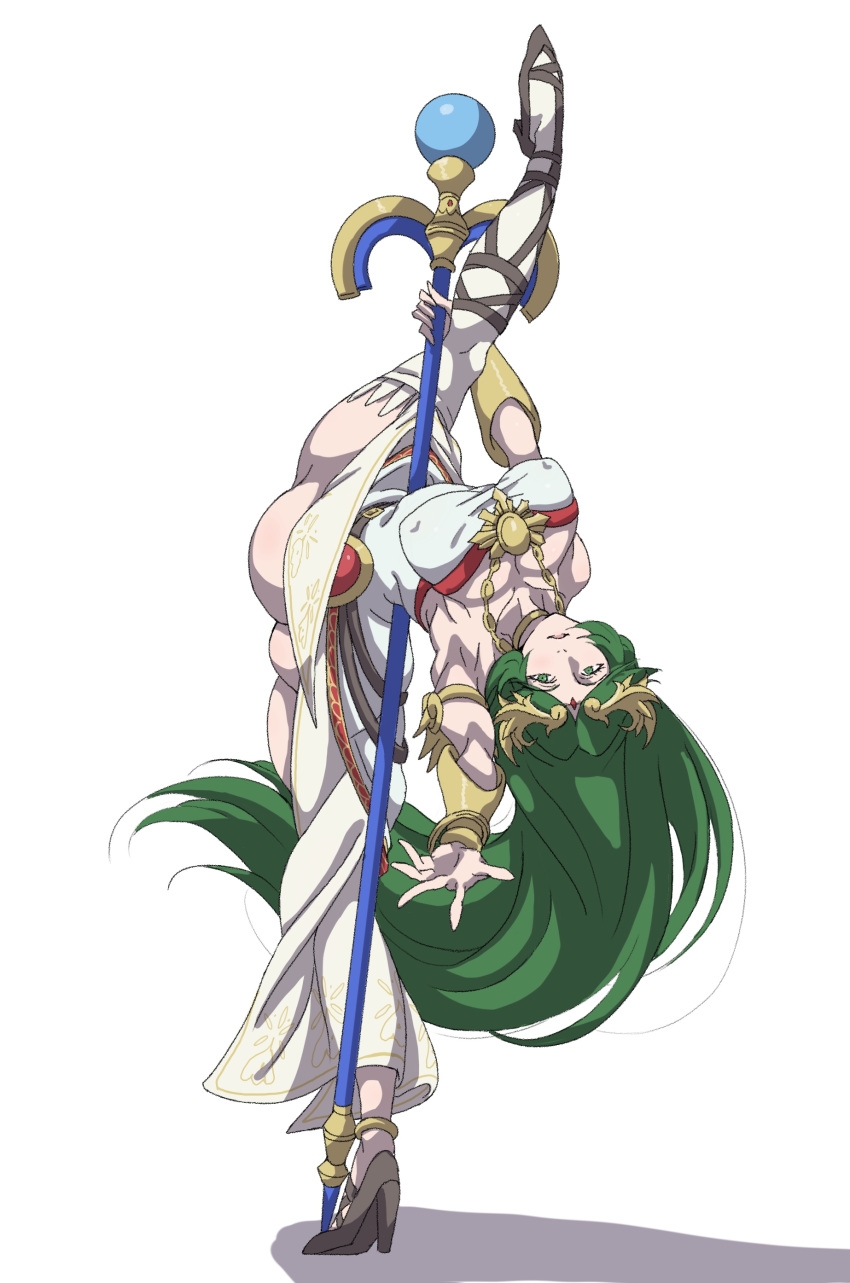 1girl absurdres anklet ass asymmetrical_footwear black_footwear bracelet bracer breasts circlet cleavage collarbone commentary_request covered_nipples dress flexible full_body gem green_eyes green_hair high_heels highres holding holding_staff jewelry kid_icarus kid_icarus_uprising large_breasts leg_up legs long_hair neck_ring necklace no_panties open_mouth outstretched_arm palutena parted_bangs powerhamuhamu red_gemstone shadow shoes simple_background single_thighhigh solo split staff standing standing_on_one_leg standing_split strapless strapless_dress thighhighs thighs twisted_torso uneven_footwear very_long_hair white_background white_dress white_thighhighs