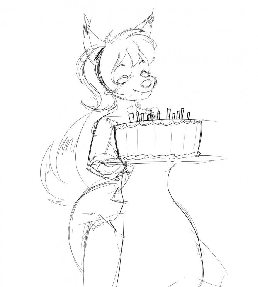 anthro apron birthday_cake cake clothing dessert diaper felid feline female food hi_res line_art lynx mammal monochrome rinonno sketch solo wendy_(slimeyjenkins)
