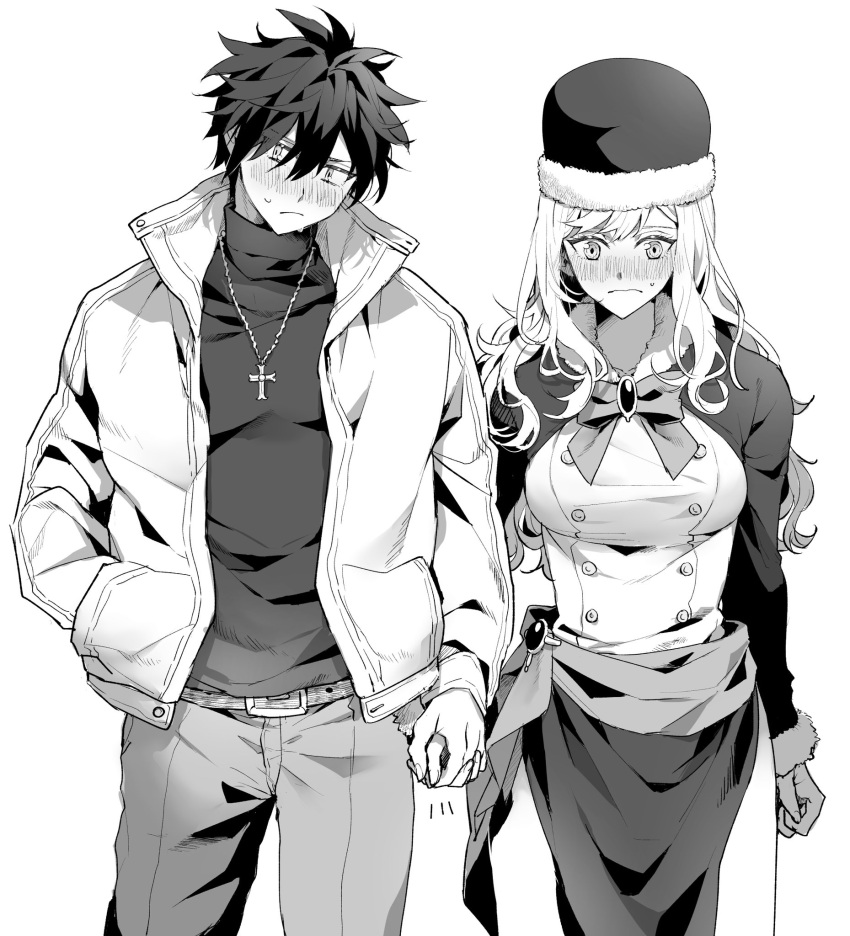 1boy 1girl arm_at_side belt blush bow bowtie breasts buttons cowboy_shot cross cross_necklace double-breasted fairy_tail frown funa2001 fur-trimmed_headwear gem gray_fullbuster hair_between_eyes hat highres holding_hands jacket jewelry juvia_lockser large_breasts long_hair long_sleeves looking_at_viewer necklace open_clothes open_jacket pants shirt short_hair skirt