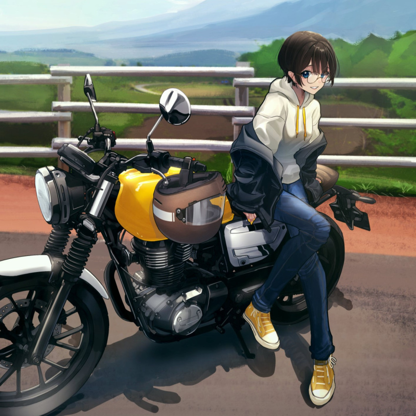 1girl black_jacket blue_eyes blue_sky brown_hair day denim fence glasses headwear_removed helmet helmet_removed highres hood hoodie jacket jeans looking_at_viewer motor_vehicle motorcycle motorcycle_helmet original outdoors pants road round_eyewear short_hair sky solo white_hoodie yellow_footwear yellow_nails you'a