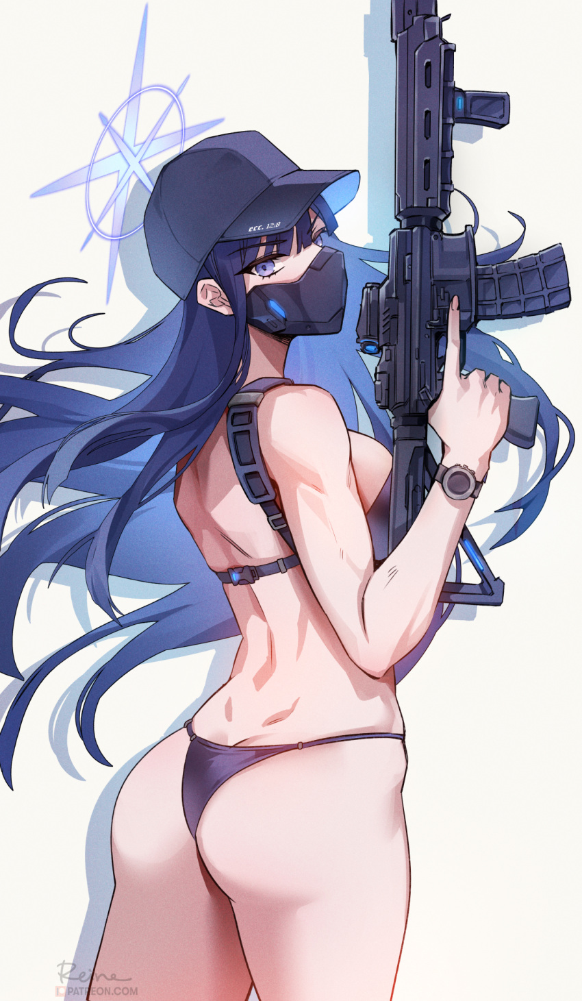 1girl alternate_costume artist_name ass assault_rifle bare_shoulders baseball_cap bikini black_headwear blue_archive blue_bikini blue_eyes blue_hair breasts butt_crack dark_blue_hair foxyreine from_side grey_background gun halo hat highres holding holding_gun holding_weapon looking_at_viewer looking_to_the_side mask medium_breasts mouth_mask rifle saori_(blue_archive) shadow sig_516 simple_background solo standing swimsuit thong_bikini trigger_discipline watch weapon wristwatch