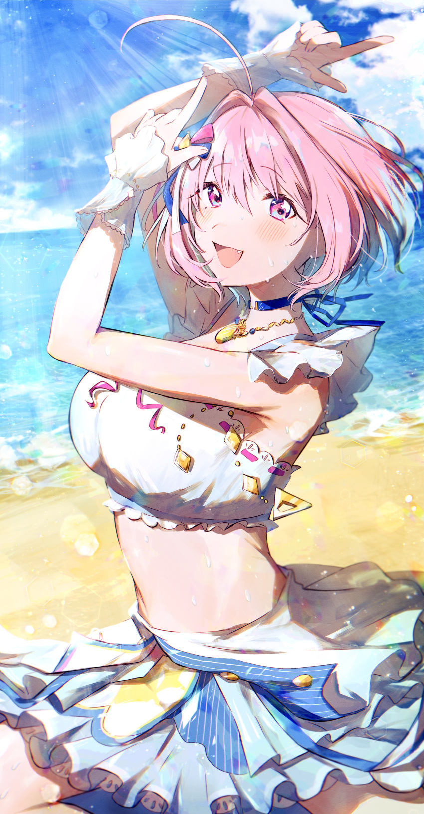 1girl absurdres ahoge arms_up beach blue_choker blue_ribbon blue_skirt blue_sky breasts choker cloud day fang frills from_side hair_ribbon hamachamu highres horizon idolmaster idolmaster_cinderella_girls jewelry large_breasts looking_at_viewer multicolored_hair neck_ribbon necklace ocean open_mouth outdoors pink_eyes pink_hair ribbon short_hair sitting skirt sky smile solo split sunlight sweat thighs two-tone_hair water yumemi_riamu