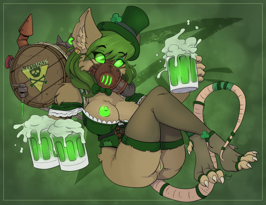 2023 accessory alcohol anthro anus barrel beverage big_breasts breasts brown_body brown_fur clothing clover ear_piercing ear_ring english_text eye_through_hair eyebrow_through_hair eyebrows female fur furgonomics gas_mask genitals glowing glowing_eyes glowing_nipples green_background green_bow_tie green_clothing green_eyes green_liquid green_nipples green_topwear hair hat headgear headwear holding_beer_mug holidays inner_ear_fluff looking_at_viewer mammal mask nipples piercing pussy ring_piercing rodent simple_background skaven skull_and_crossbones solo st._patrick's_day tail tail_accessory text toeless_thigh_highs top_hat topwear translucent translucent_hair tuft warhammer_(franchise) wearing_mask yawg