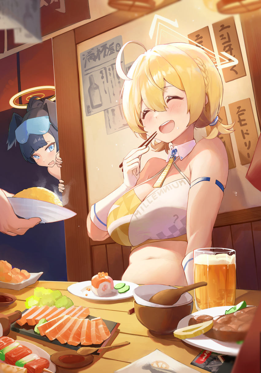 1other 2girls :d absurdres ahoge alcohol animal_ears bare_shoulders beer blonde_hair blue_archive blush braid breasts cheerleader chopsticks closed_eyes cup dog_ears dog_girl drink drinking_glass eating fish_(food) food goggles goggles_on_head halo hibiki_(blue_archive) hibiki_(cheer_squad)_(blue_archive) highres holding holding_chopsticks indoors kotori_(blue_archive) kotori_(cheer_squad)_(blue_archive) large_breasts looking_at_viewer midriff millennium_cheerleader_outfit_(blue_archive) mofashao_nanheitu multiple_girls navel official_alternate_costume open_mouth peeking peeking_out plate plump sashimi short_hair skewer skirt smile soy_sauce steak sushi table text_print twintails wasabi yellow_halo