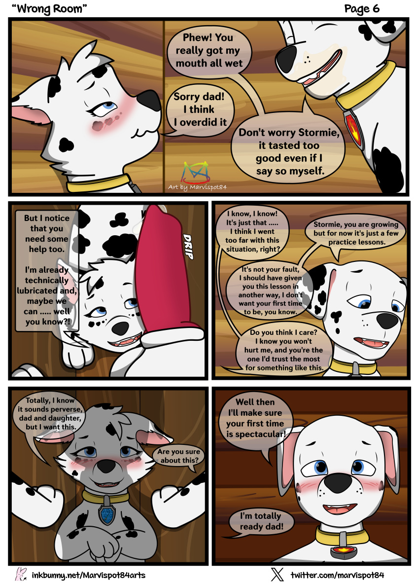 absurd_res animal_genitalia animal_penis balls blue_eyes blush blush_lines bodily_fluids canid canine canine_genitalia canine_penis canis cel_shading comic cum cum_on_face dalmatian dalsky_(dalmatian_and_husky) daughter_(lore) domestic_dog duo english_text erection father_(lore) father_and_child_(lore) father_and_daughter_(lore) female feral fur genital_fluids genitals hi_res husky_dog incest_(lore) male male/female mammal marshall_(paw_patrol) marvispot84 nickelodeon parent_(lore) parent_and_child_(lore) parent_and_daughter_(lore) paw_patrol penis precum shaded speech_bubble spots spotted_body spotted_fur stormie_(marvispot84) teenager text young