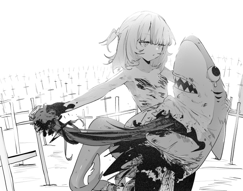 1girl absurdres blunt_bangs chainsaw_man closed_mouth commentary covered_nipples ddari disembowelment dot_mouth dying expressionless feet_out_of_frame fins fish_tail flat_chest gawr_gura graveyard greyscale guro hair_ornament highres holding_organ hololive hololive_english intestines medium_hair monochrome nude organs outdoors parody scene_reference shark shark_girl shark_hair_ornament shark_tail standing tail takodachi_(ninomae_ina'nis) tears two_side_up virtual_youtuber