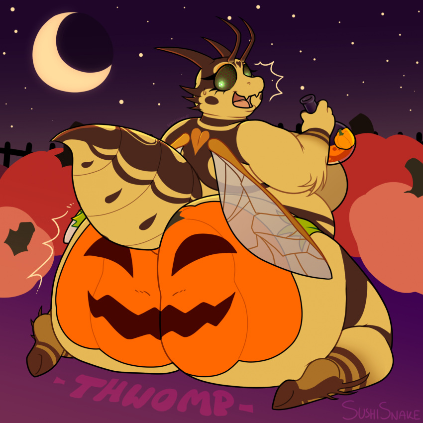 anthro arthropod bee bee_berry big_butt butt female food fruit hi_res huge_butt hymenopteran insect jack-o'-lantern kneeling looking_back obese obese_female overweight overweight_female plant potion pumpkin solo sushisnake thorax wings
