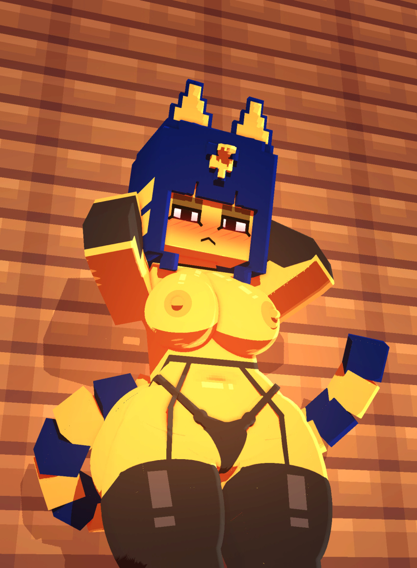 3d_(artwork) animal_crossing ankha_(animal_crossing) anthro big_breasts black_clothing black_eyes blue_hair blush breasts clothed clothing coresvoid digital_media_(artwork) domestic_cat felid feline felis female hair hi_res legwear lingerie looking_at_viewer mammal microsoft minecraft mojang nintendo nipples nude simple_background solo stockings tail thigh_highs underwear xbox_game_studios yellow_body yellow_nipples