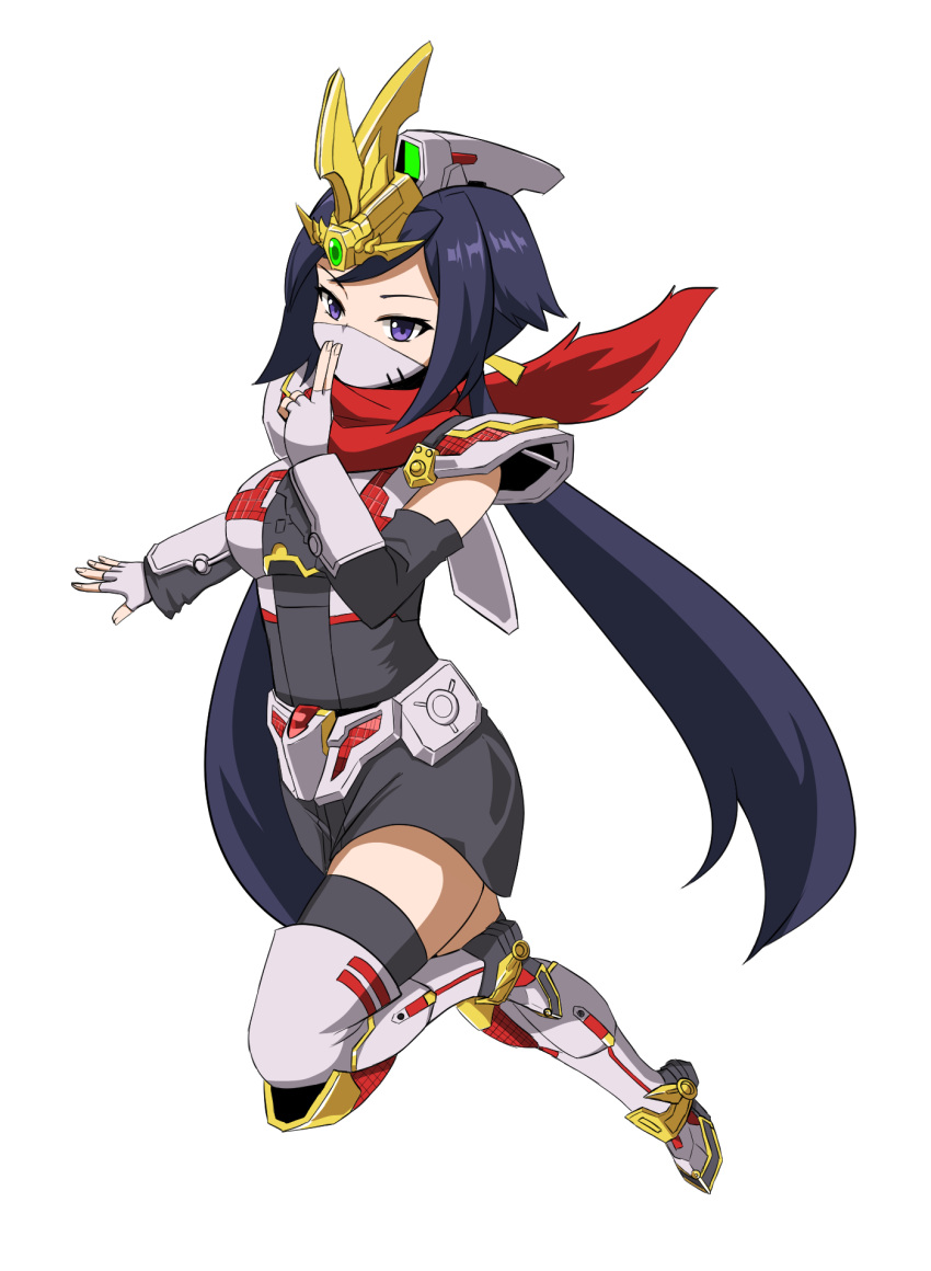 1girl armor ayame_(gundam_build_divers) black_hair breasts commentary commission fingerless_gloves gloves gundam gundam_build_divers highres long_hair mask mecha_musume medium_breasts mouth_mask nanju_bami ninja ninja_mask pixiv_commission purple_eyes red_scarf rx-zeromaru scarf solo split_ponytail very_long_hair white_background white_mask