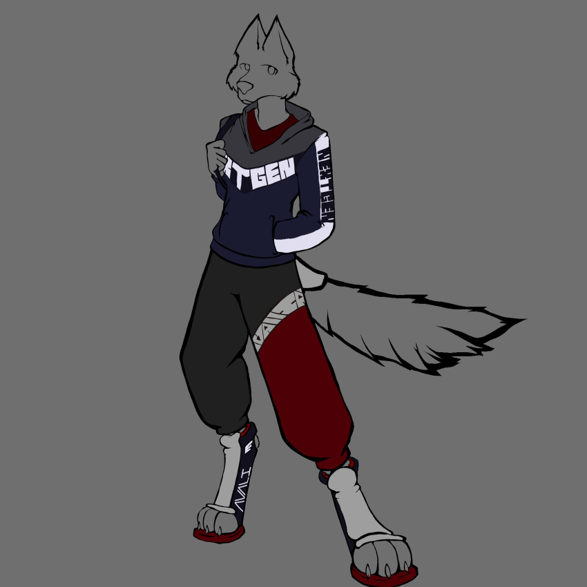 absurd_res anthro biohound blue_clothing blue_hoodie blue_topwear branded_clothing canid canine canis cheek_tuft clothing facial_tuft fluffy fluffy_tail footwear hi_res hoodie male mammal shoes solo sweatpants tail topwear tuft unfinished update wolf worldbuilding