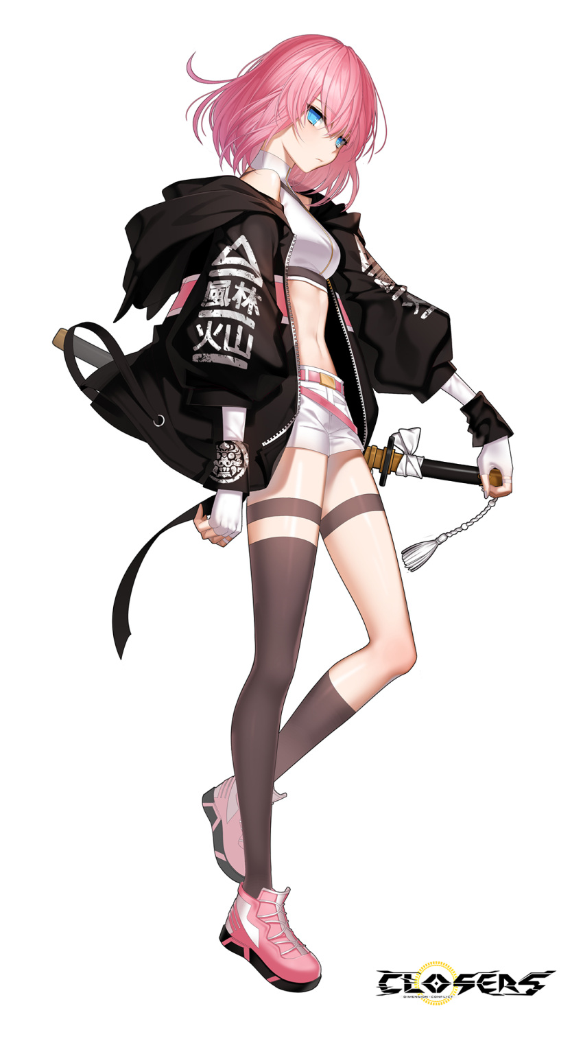 1girl asymmetrical_legwear bare_shoulders belt black_jacket blue_eyes breasts brown_socks closers crop_top expressionless fingerless_gloves full_body gloves highres holding hood hood_down hooded_jacket jacket katana kneehighs long_sleeves looking_at_viewer medium_breasts midriff navel non-web_source off_shoulder official_art open_clothes open_jacket pink_hair puffy_sleeves seulbi_lee sheath sheathed shirt shoes short_hair short_shorts shorts single_kneehigh single_sock single_thighhigh sleeveless sleeveless_shirt sleeveless_turtleneck sneakers socks solo stomach sword tassel thigh_strap thighhighs turtleneck uneven_legwear weapon weapon_on_back white_gloves white_shirt white_shorts