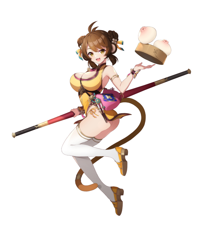 1girl :3 absurdres animal_ears antenna_hair artist_request ass bag breasts brown_eyes brown_hair china_dress chinese_clothes double_bun dress dumpling eversoul food game_cg hair_bun hair_ribbon highres holding holding_staff large_breasts looking_to_the_side monkey_ears monkey_girl monkey_tail official_art panties ribbon ruyi_jingu_bang short_hair shoulder_bag sleeveless solo staff string_panties swept_bangs tachi-e tail tassel thighhighs third-party_source transparent_background underwear white_thighhighs xiaolian_(eversoul) yellow_dress yellow_footwear