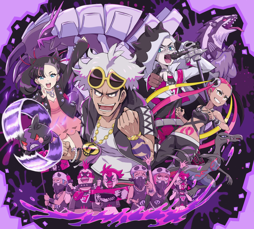 5boys 5girls absurdres arm_up bandana bandana_over_mouth banner black_eyeshadow black_hair black_jacket black_pants bracelet breasts chain choker clenched_hand crop_top dress eyeshadow eyewear_on_head facepaint flag gold_chain golisopod green_eyes grin guzma_(pokemon) hair_ornament hat highres holding holding_flag holding_microphone jacket jewelry makeup marnie_(pokemon) medium_breasts microphone microphone_stand morpeko morpeko_(hangry) multicolored_hair multiple_boys multiple_girls navel obstagoon open_mouth outstretched_arm pants piers_(pokemon) pink_background pink_dress pink_hair pink_theme plumeria_(pokemon) pointing pointing_at_viewer pokemoa pokemon pokemon_(creature) pokemon_(game) pokemon_masters_ex pokemon_sm pokemon_swsh purple_background purple_theme salazzle shirt skull_hair_ornament small_breasts smile splatter_background stomach stomach_tattoo streaked_hair tattoo team_skull team_skull_grunt team_yell team_yell_grunt teeth twintails v-shaped_eyebrows watch white_hair white_jacket white_shirt wristwatch