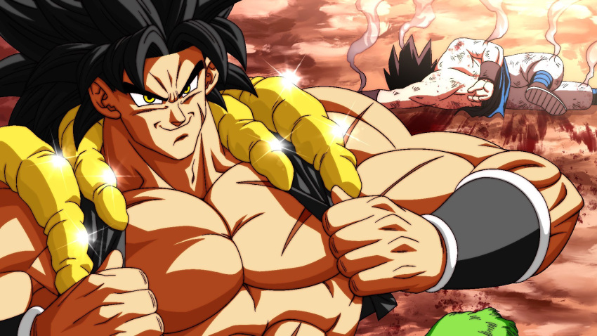 2boys baggy_pants battle_damage black_vest black_wristband blue_sash borrowed_clothes bracer broly_(dragon_ball_super) closed_mouth commentary crimson_x dragon_ball dragon_ball_super dragon_ball_super_broly english_commentary facing_viewer family_guy_death_pose_(meme) fur_(clothing) gogeta green_fur highres holding holding_clothes injury male_focus meme metamoran_vest multiple_boys muscular muscular_male on_ground pants pectorals pelt sash scar scar_on_cheek scar_on_chest scar_on_face smile smoke spiked_hair tan v-shaped_eyebrows vest white_pants yellow_eyes