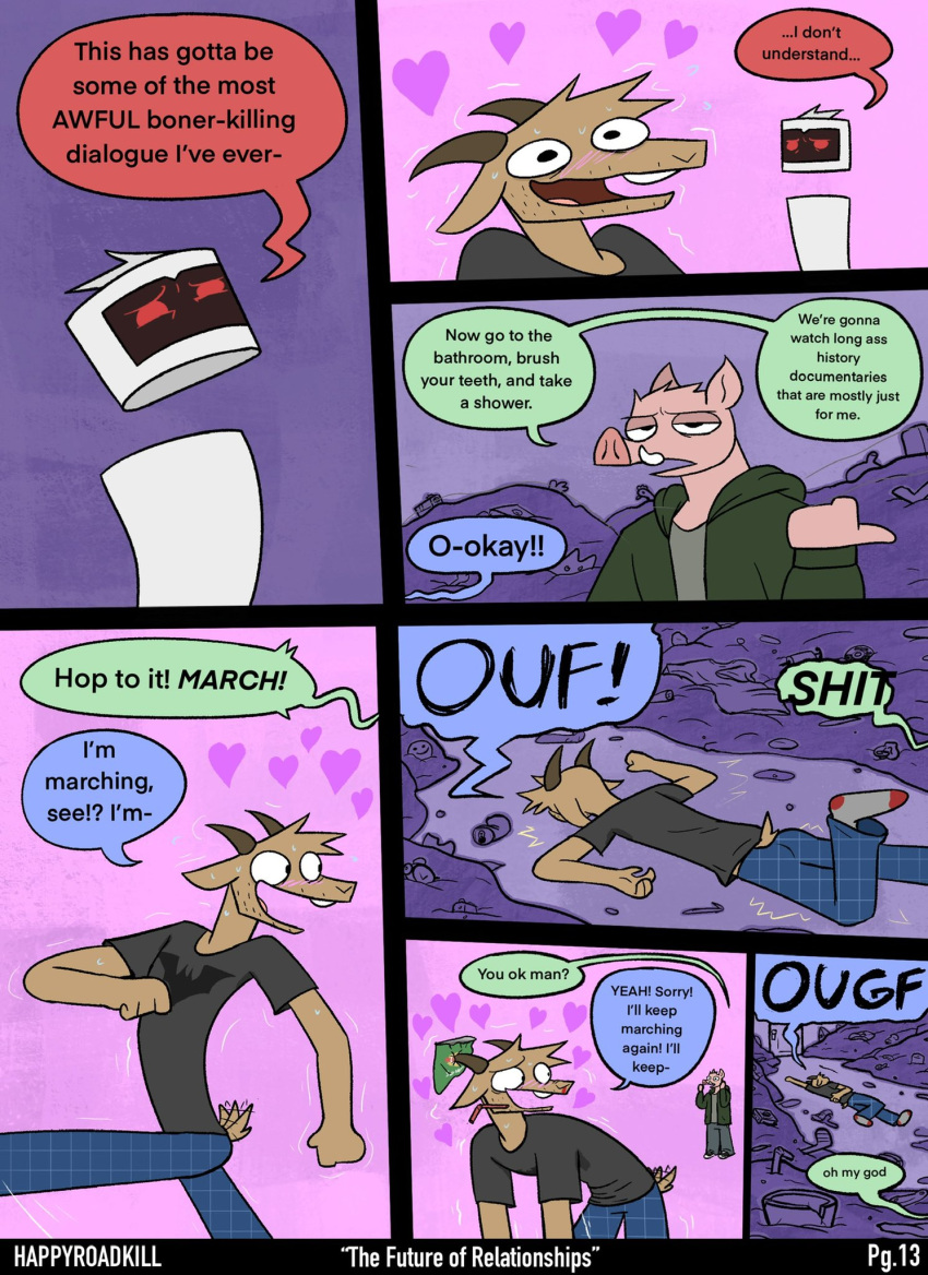 &lt;3 7_panel_comic anthro blue_background blush blush_lines bovid brown_body brown_fur caprine clothing curved_horn dialogue domestic_pig english_text family_guy_death_pose fur goat group half-closed_eyes happyroadkill hi_res hoodie horn humor machine male mammal messy_room narrowed_eyes open_mouth open_smile pajama_pants pawpads pink_body pink_pawpads pink_skin purple_background robot shirt simple_background smile speech_bubble stubble suid suina sus_(pig) t-shirt tail tail_motion tailwag text topwear trio tusks