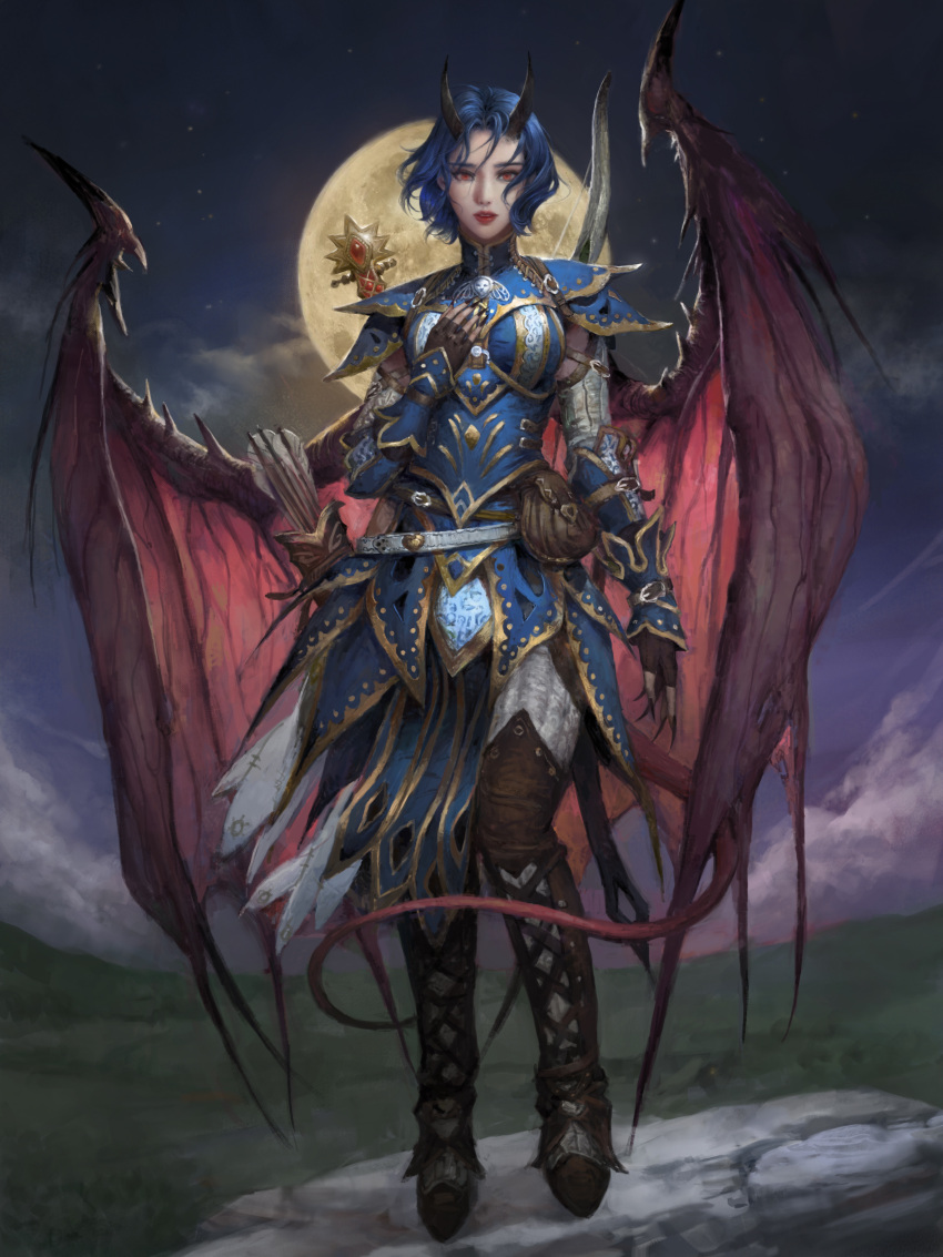 absurd_res armor arrow_(weapon) arueshalae blue_hair bow_(weapon) breasts clawed_fingers clothing cloud demon demon_humanoid detailed_background digital_media_(artwork) digital_painting_(artwork) elemental_manipulation female fire fire_manipulation footwear front_view full_moon gloves hair handwear hi_res horn horned_humanoid humanoid light_body light_skin looking_at_viewer magic_user medium_breasts meiling_chen membrane_(anatomy) membranous_wings moon night not_furry pathfinder pathfinder:_wrath_of_the_righteous plantigrade pupils quiver ranged_weapon red_eyes shaded shoes short_hair slit_pupils solo standing star tail weapon winged_humanoid wings yellow_moon