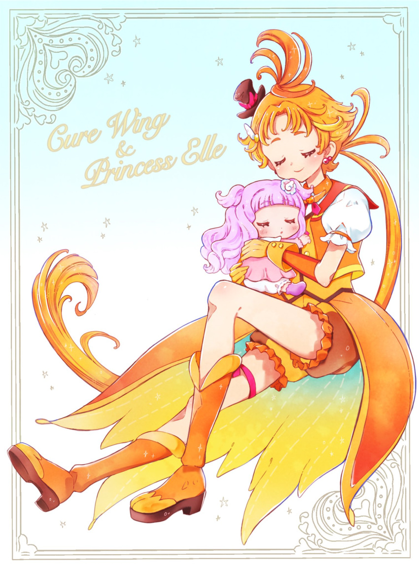 1boy 1girl baby boots character_name closed_eyes commentary cure_wing ellee-chan english_commentary hat highres hirogaru_sky!_precure long_hair magical_boy male_focus mini_hat mini_top_hat nene_(oneoneo13) orange_footwear orange_hair orange_shorts parted_bangs ponytail precure puffy_short_sleeves puffy_sleeves purple_hair short_sleeves shorts sleeping solo top_hat two_side_up wing_hair_ornament yuunagi_tsubasa