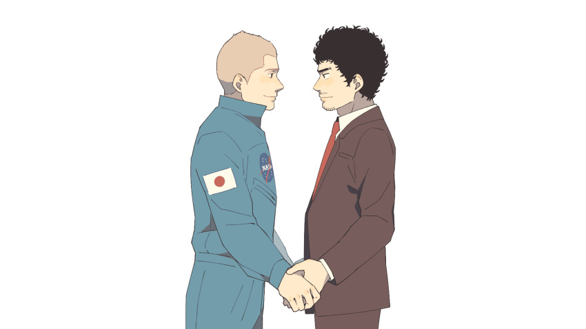 2boys afro black_hair black_pants black_suit blonde_hair blue_pants brothers eye_contact facial_hair formal highres holding_hands kani6850 long_sleeves looking_at_another male_focus multiple_boys nanba_hibito nanba_mutta nasa_logo necktie pants profile red_necktie short_hair siblings simple_background smile standing stubble suit uchuu_kyoudai uniform white_background