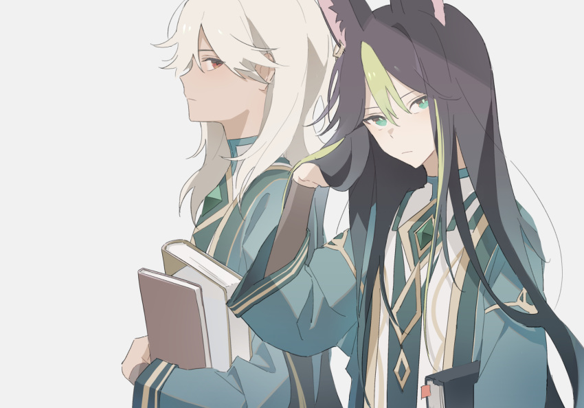 2boys akademiya_uniform alternate_hairstyle animal_ears black_hair book closed_mouth cyno_(genshin_impact) dark-skinned_male dark_skin fox_boy fox_ears genshin_impact green_eyes green_hair grey_background grey_hair hair_between_eyes hand_in_own_hair highres holding holding_book long_hair long_sleeves looking_at_viewer male_focus multicolored_hair multiple_boys official_alternate_hairstyle otoko_no_ko red_eyes robe simple_background tighnari_(genshin_impact) upper_body very_long_hair whitecookie1001