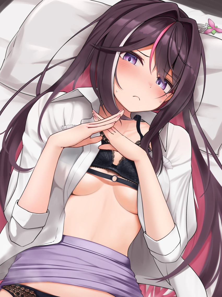 1girl absurdres azki_(4th_costume)_(hololive) azki_(hololive) black_bra black_hair black_panties blush bra breasts closed_mouth clothes_lift collared_shirt colored_inner_hair commentary_request embarrassed hair_intakes hands_up highres hololive long_hair long_sleeves lying micon midriff multicolored_hair o-ring o-ring_bra official_alternate_costume official_alternate_hairstyle on_back on_bed open_clothes open_shirt panties pillow pink_hair purple_eyes purple_skirt shirt skirt skirt_lift sleeves_rolled_up solo streaked_hair underboob underwear unworn_hair_ornament upper_body virtual_youtuber white_hair white_shirt x_arms