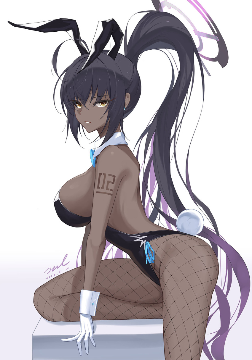 1girl ahoge animal_ears backless_leotard bare_arms bare_shoulders bikini black_hair black_leotard blue_archive breasts dark-skinned_female dark_skin detached_collar fake_animal_ears fake_tail fishnet_pantyhose fishnets from_side gloves halo high_ponytail highleg highleg_leotard highres karin_(blue_archive) karin_(bunny)_(blue_archive) large_breasts leg_up legs leotard long_hair looking_at_viewer looking_to_the_side official_alternate_costume pantyhose parted_lips ponytail rabbit_ears rabbit_tail shoulder_tattoo side-tie_leotard sideboob sidelocks simple_background solo strapless strapless_leotard swimsuit tail tattoo thighs unel very_long_hair white_background white_gloves wrist_cuffs yellow_bikini