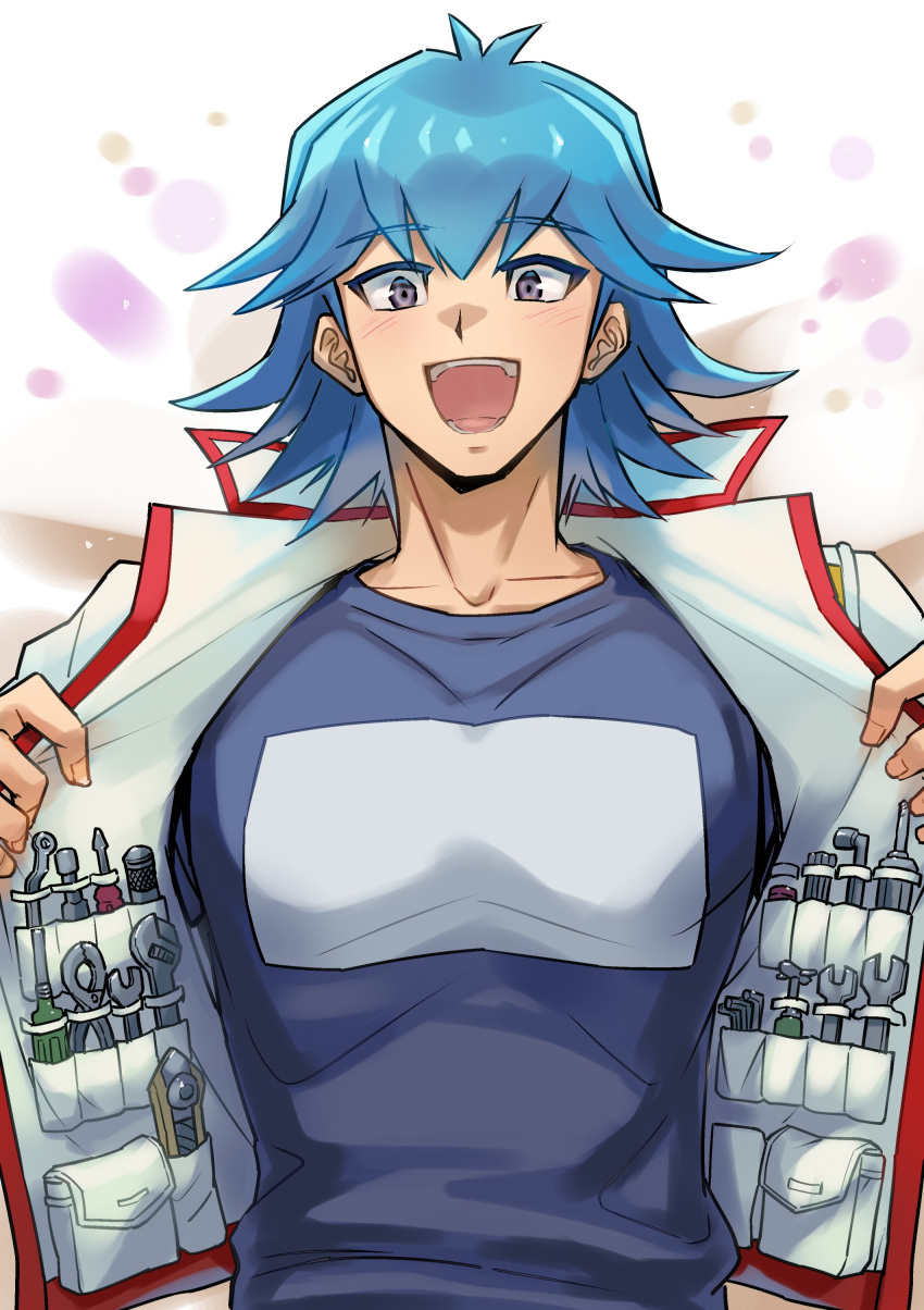 1boy absurdres blue_hair blue_shirt boxcutter bruno_(yu-gi-oh!) grey_eyes happy highres jacket male_focus open_clothes open_jacket open_mouth pocket screwdriver shirt short_hair simple_background smile solo t-shirt tools upper_body utility_vest white_jacket wrench youko-shima yu-gi-oh! yu-gi-oh!_5d's