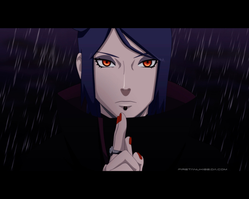 1girl akatsuki_uniform blue_hair closed_mouth eyeshadow firetanuki02 flower hair_bun hair_flower hair_ornament konan_(naruto) looking_at_viewer makeup naruto naruto_(series) naruto_shippuuden orange_eyes paper piercing purple_hair short_hair single_hair_bun solo