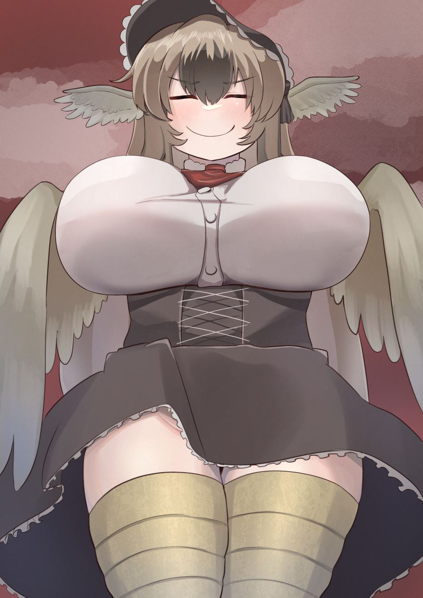 1girl absurdres animal_ears bird_ears bird_legs black_dress black_souls blush bonnet breasts brown_feathers brown_hair brown_wings closed_eyes dodo_(black_souls) dress feathered_wings feathers frills hair_between_eyes harpy heaven4014 highres huge_breasts impossible_clothes long_hair monster_girl no_panties shirt smile solo white_shirt winged_arms wings